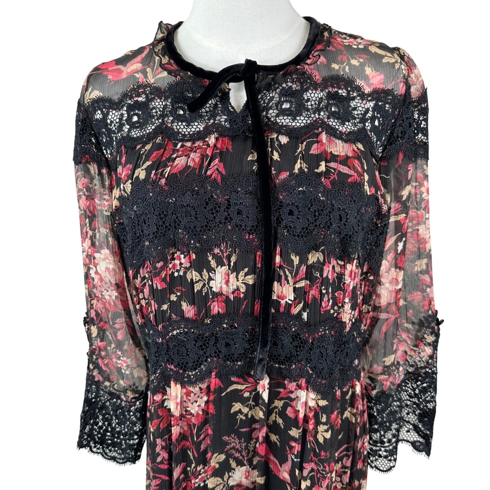 The Kooples Silk Midi Dress L Black Floral Lace Romantic Goth Vampy Whimsigoth